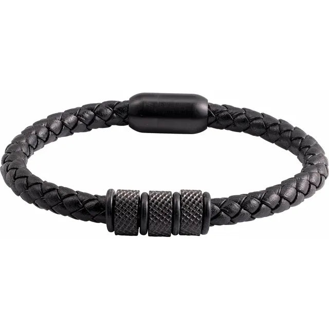 Black PVD Stainless Steel 6 mm Braided Leather Bracelet