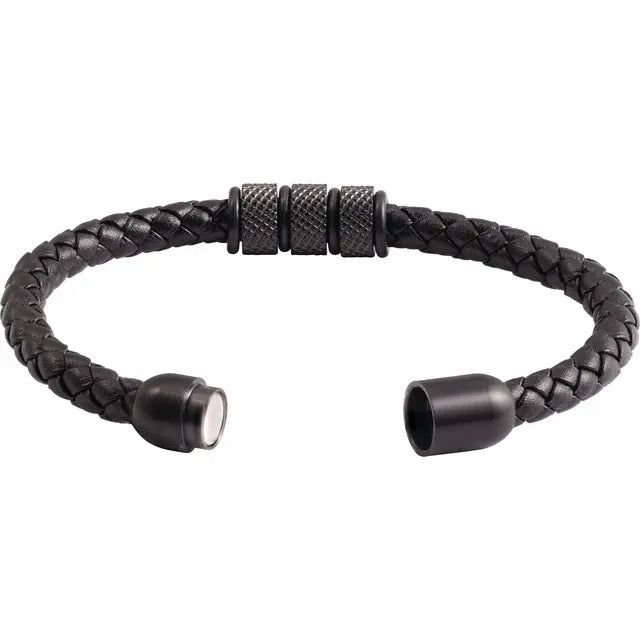 Black PVD Stainless Steel 6 mm Braided Leather Bracelet
