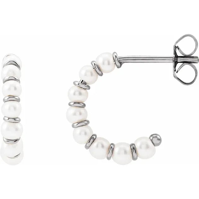 White Gold Cultured White Freshwater Pearl Hoop Earrings